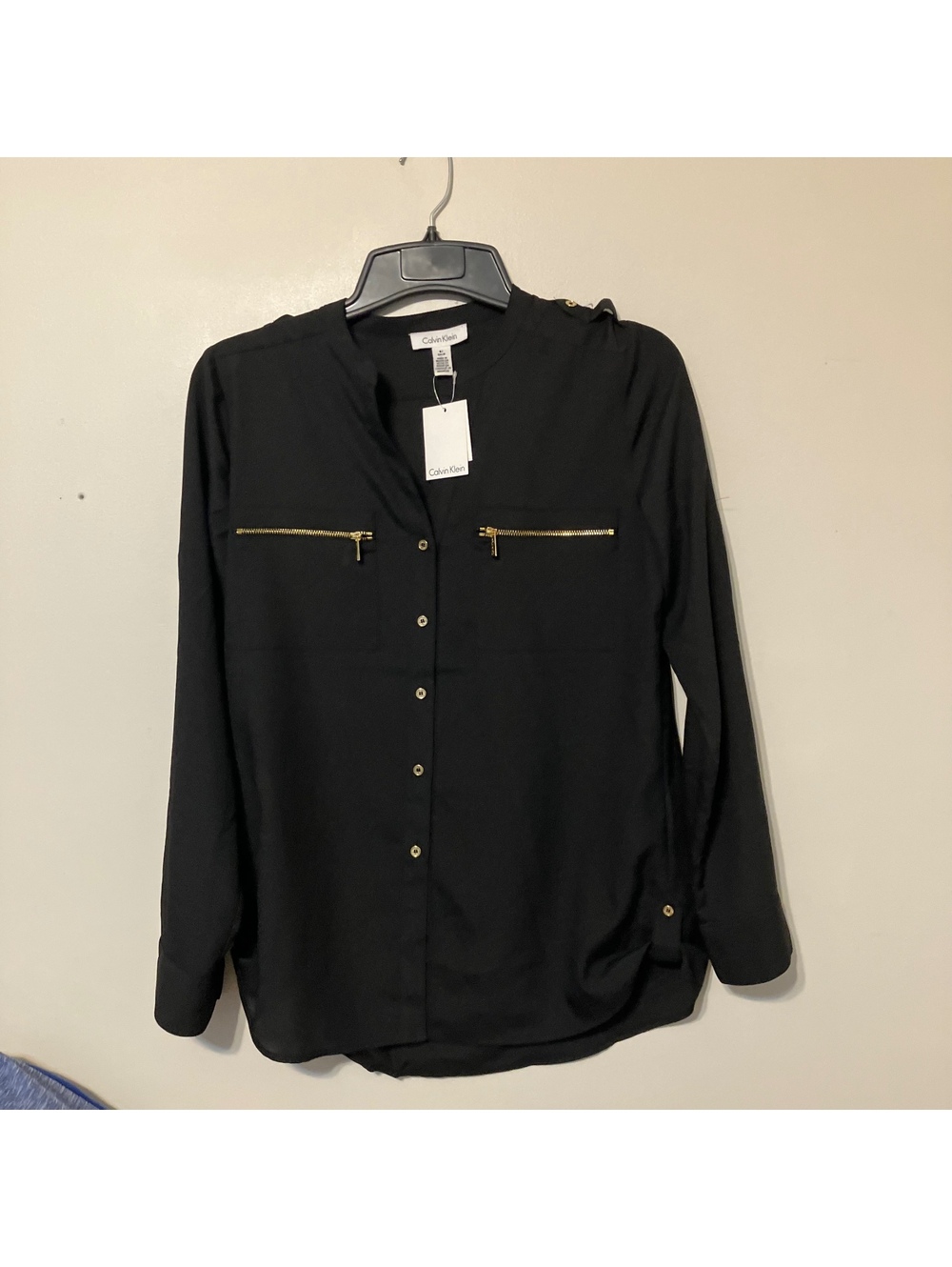 Calvin Klein Black Long Sleeve Button-Up Gold Zip Office Wear Blouse Small-New